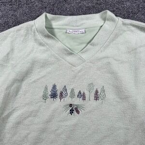Catalog Favorites Sweatshirt Womens Size L Green Embroidered Trees V-Neck Soft